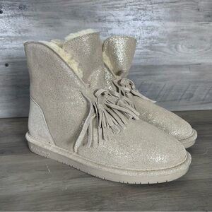 Bearpaw Womens 9 Christie Suede Sheepskin Lining Fringe NeverWet Sparkle Booties